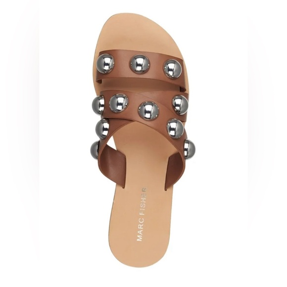 MARC FISHER Bryte Brown Straps with Silver Oversized Studs Slip On Sandal 8 1/2 - Picture 3 of 8